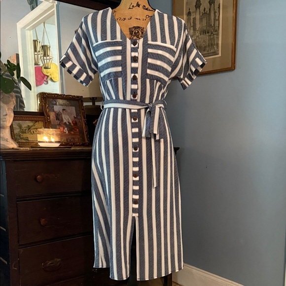 Monteau Navy Blue and White Striped Belted Button Up Dress - Picture 4 of 9